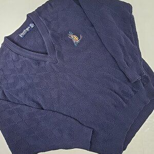 Scottish Isle By Bernette Men's SWEATER Navy Blue Golf Knit V Neck Size MEDIUM